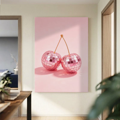 Tableau sur toile « Cerises à boule disco », style pop art preppy, 61 x 91 cm, impression sur châssis, cerises roses et argentées, décoration murale pour chambre, cuisine et salon
