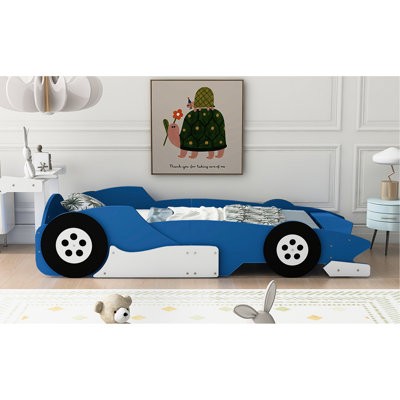 Lit de voiture de course simple bleu avec roulettes, fabriqué en contreplaqué de pin et avec lattes de soutien, rails latéraux pour plus de sécurité, 98,7 po x 41,7 po 26,5 po