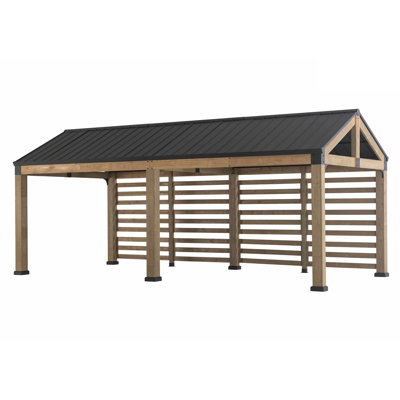 SUNJOY Newville 10.1 ft. x 21.6 ft. FSC Wood Carport with Privacy Wall and Rain Gutter, Outdoor Cedar Gazebo Pavilion with Hardtop Galvanized Steel Roof, Shade for Backyard, Patio Lawn and Garden