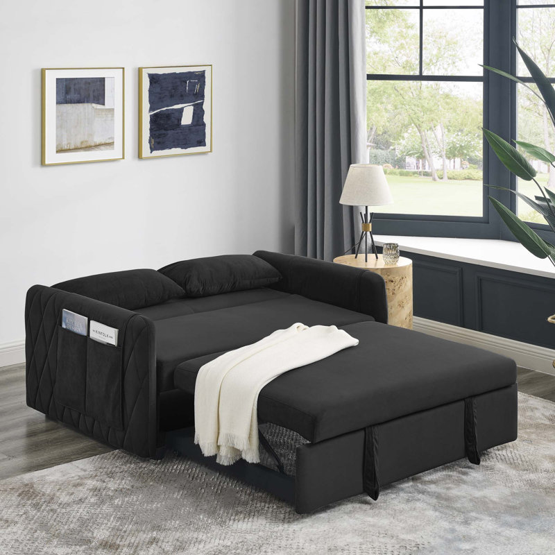 Canapé-lit convertible 55 po, causeuse en velours avec lit escamotable et 2 coussins, Noir
