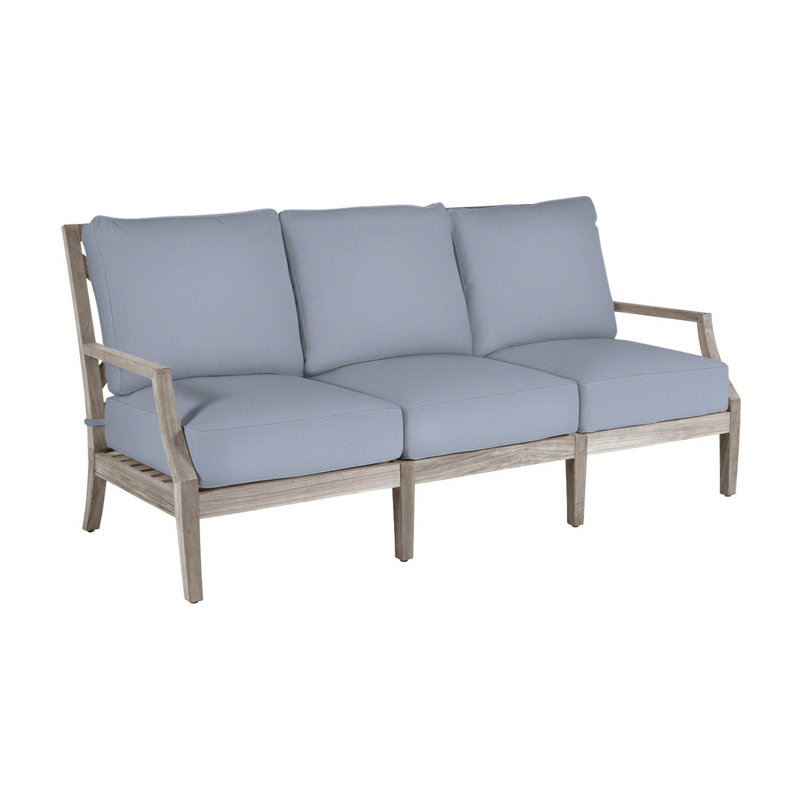 Haley Teak Patio Sofa with Cushions, Arbor Chambray Dove Sunbrella®, Oyster Teak, No welt + Standard fill