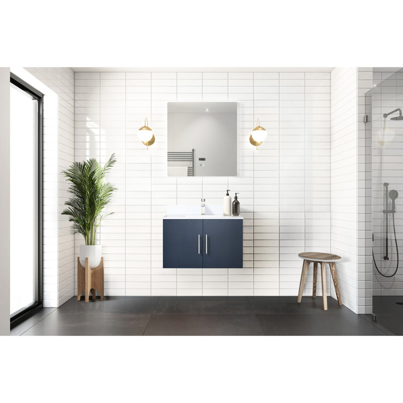 30 po L x P 22 po. Meuble-lavabo bleu marine avec comptoir en quartz blanc et miroir à DEL, Marine