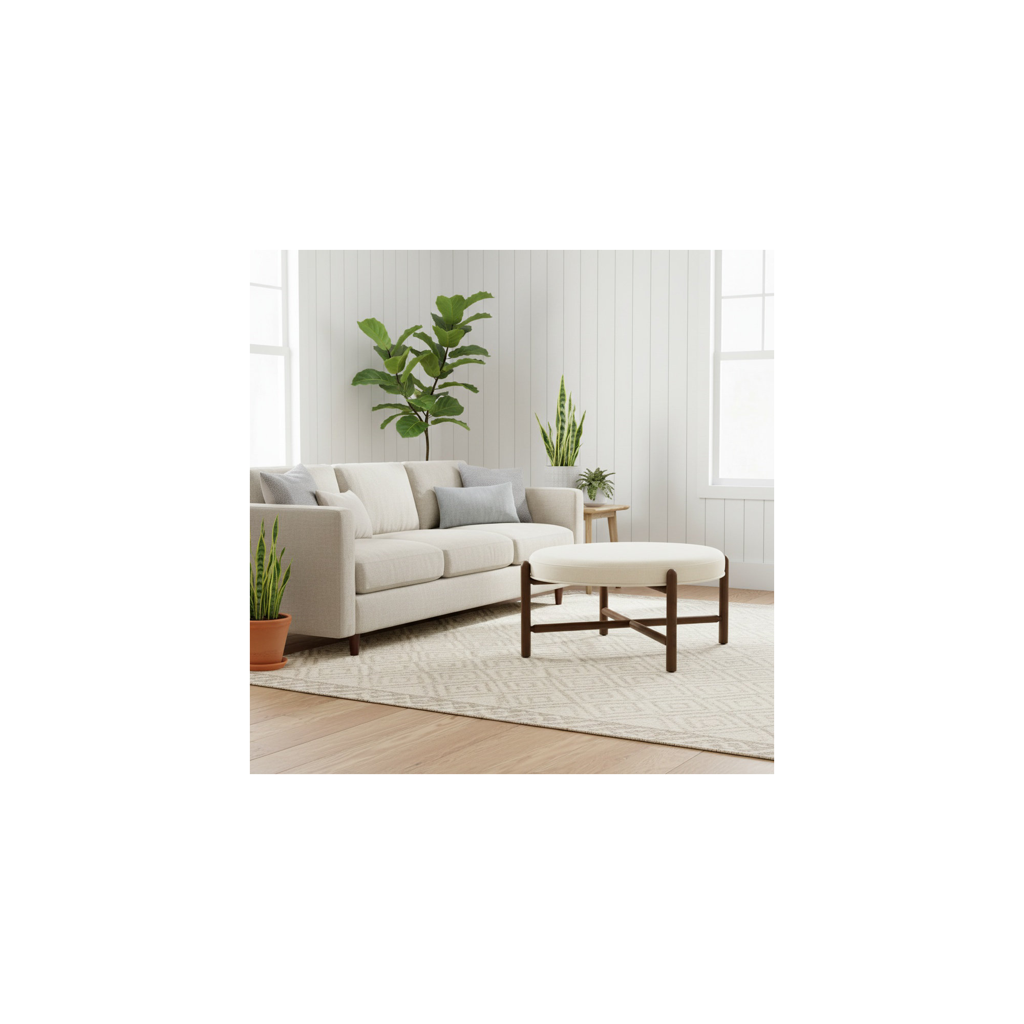 Vane 36" Round Ottoman, Cream, Walnut
