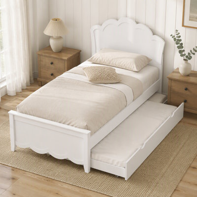 Twin Size Wood Platform Bed with Headboard and Twin Size Trundle, White