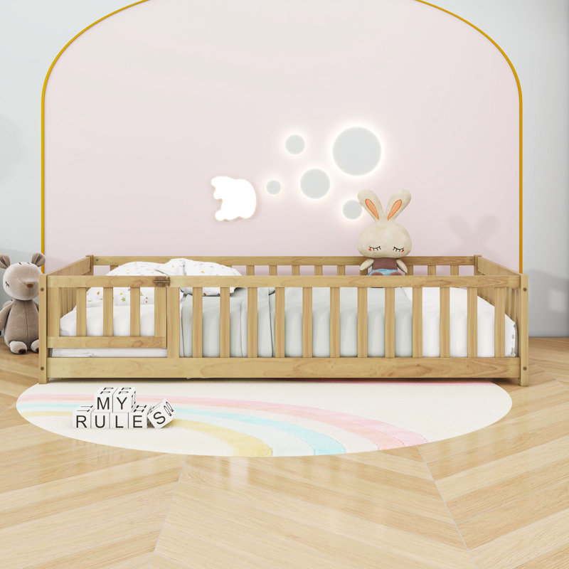 Wood Floor Bed With Fence, Natural, Twin