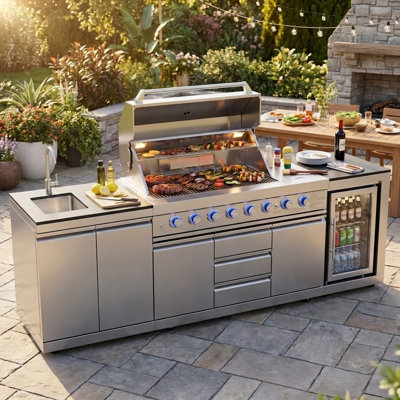 Akoah 3-Piece 8-Burner Stainless Steel Modular Outdoor Kitchen Island with Grill, Refrigerator & Sink
