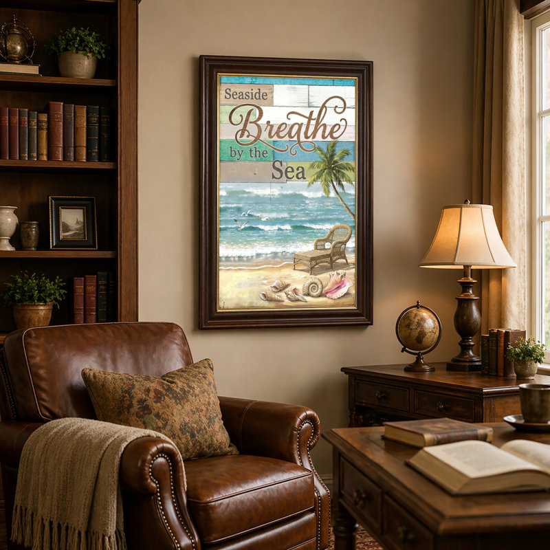 Art mural antique sur toile encadré doré pour le salon, la chambre à coucher, le bureau ou le vestibule - décoration murale décorative avec brise marine