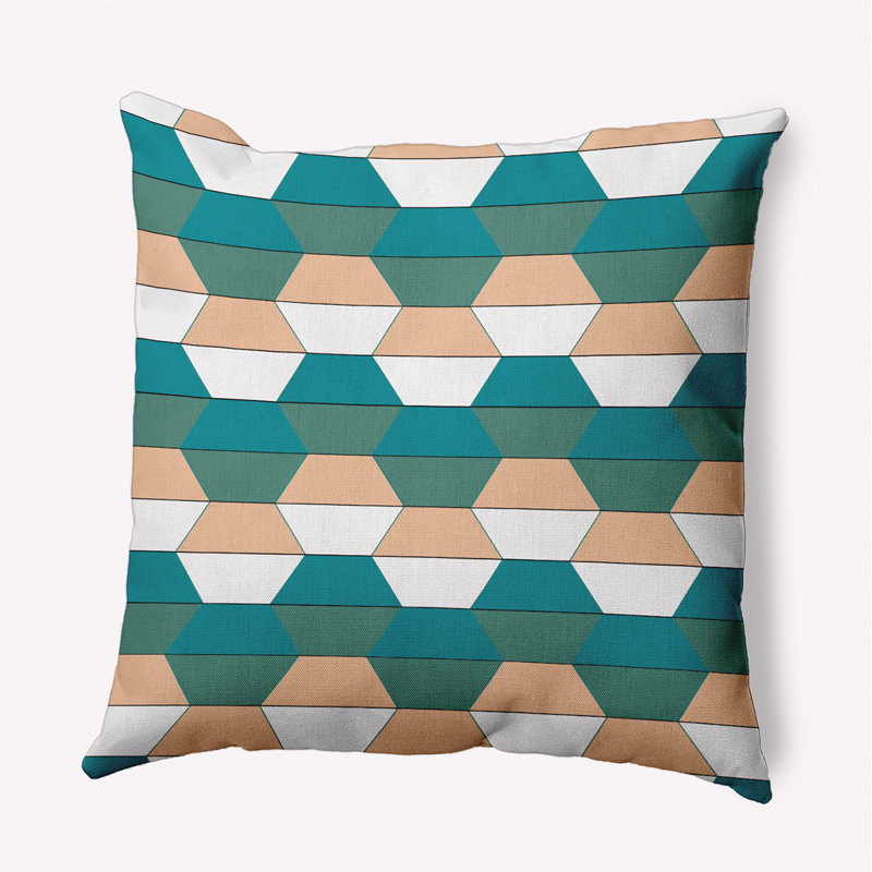 Coussin intérieur / extérieur Leafy Branch, H 18 po x l 18 po, Bleu sarcelle / beige / géométrique blanc