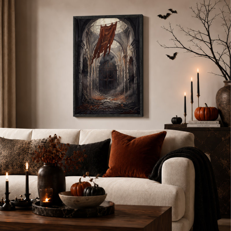 Couloir en pierre en ruine avec des vignes et une toile murale d'Halloween déchirée, 48"H x 32"W
