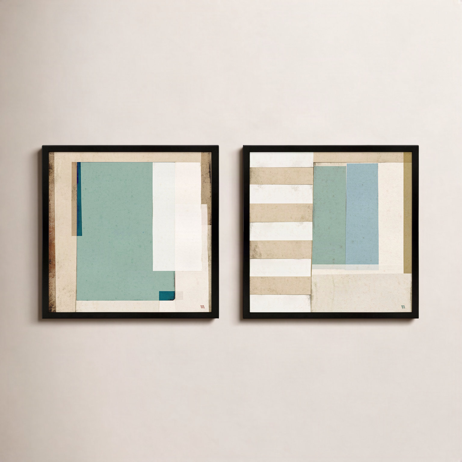 City Scape Aqua 2-Piece Print Set, 36" H x 36" W, Framed Print Paper without Mat, Black