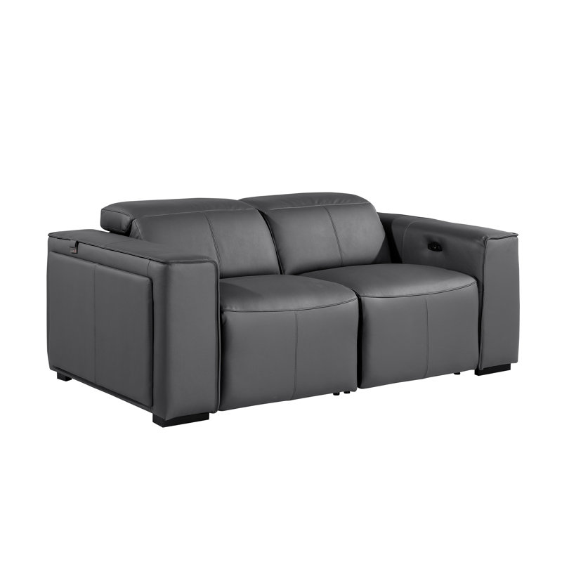 Top Grain Italian Leather Modular Power Dual Reclining Loveseat With Power Headrests, Dark Gray