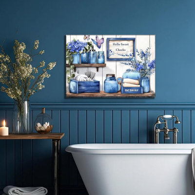 Navy Blue Farmhouse Bathroom Canvas Wall Art Blue Flowers And Butterflies Painting Picture Wall Decor Poster Print Artwork Toilet Washroom Restroom Home Decoration