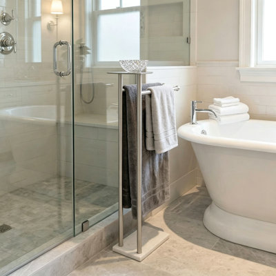 Freestanding Towel Rack Stand for Bathroom, 2-Tier Towel Holder with Practical Top Shelf, Heavy Duty Stainless Steel Construction with Natural Marble Base, No Drilling Required