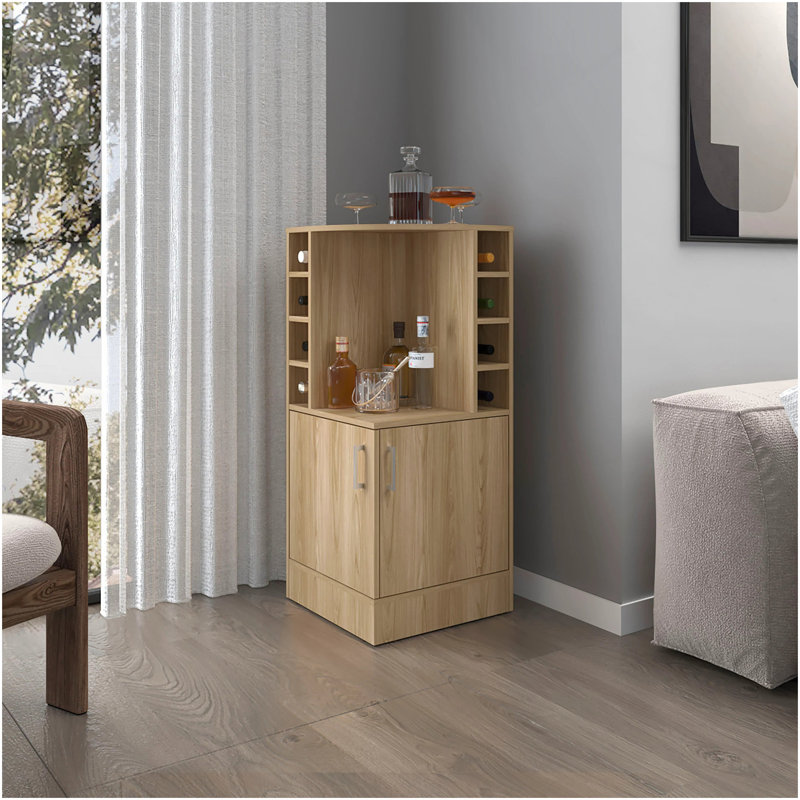 Armoire de coin en chêne naturel avec porte-bouteilles et tablette ouverte, Bois naturel