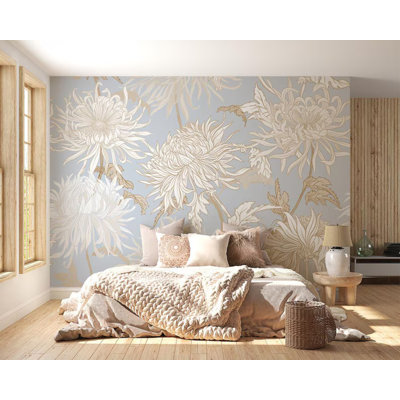 Papier peint botanique bleu et beige