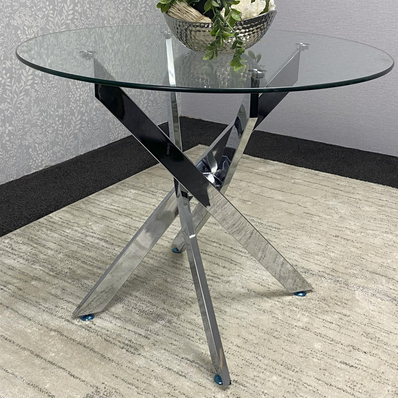 Maya Round Glass Dining Table with 4 Gem Chairs Chrome Finish, White