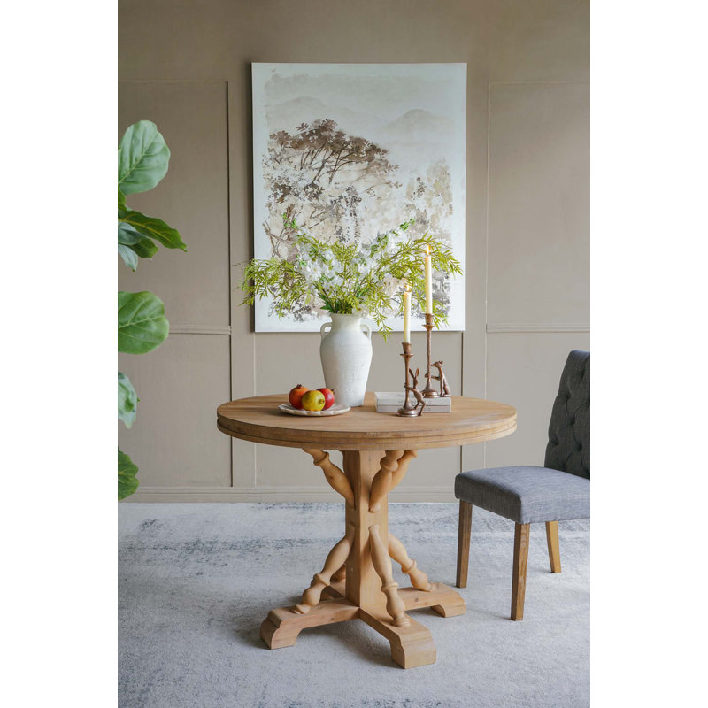 Table de salle à manger ronde rustique avec piètement balustre sculpté à la main