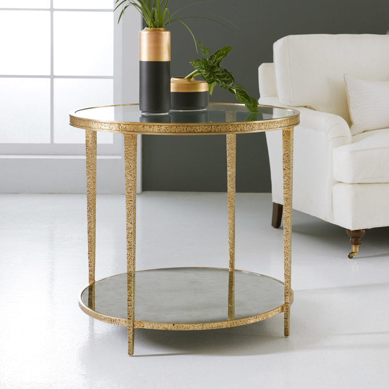Sculpture Glass End Table, Antique Brass