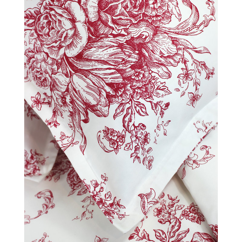 Benedictine Sateen Toile Duvet Cover, Red, Full/Queen Duvet Cover + 2 Standard Shams