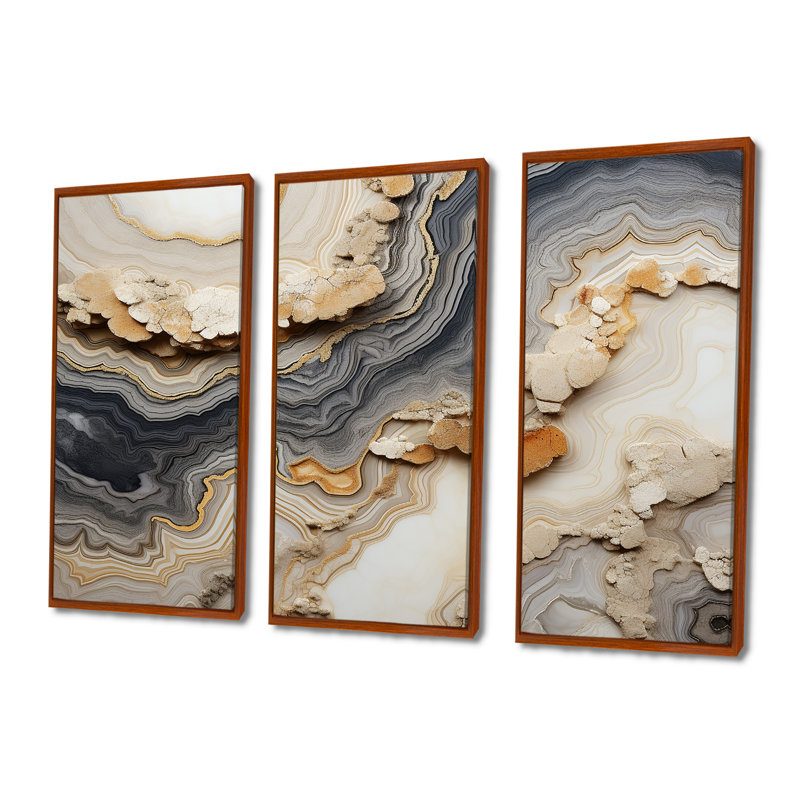 Gris et orange Minimalisme pierre Geode - Ensemble de décoration murale pierre géode, H 28 po x l 36 po, Cadre flottant brun