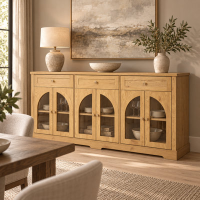 68 Inch Sideboard Cabinet with 6 Arched Glass Doors 3 Drawers and Adjustable Shelves