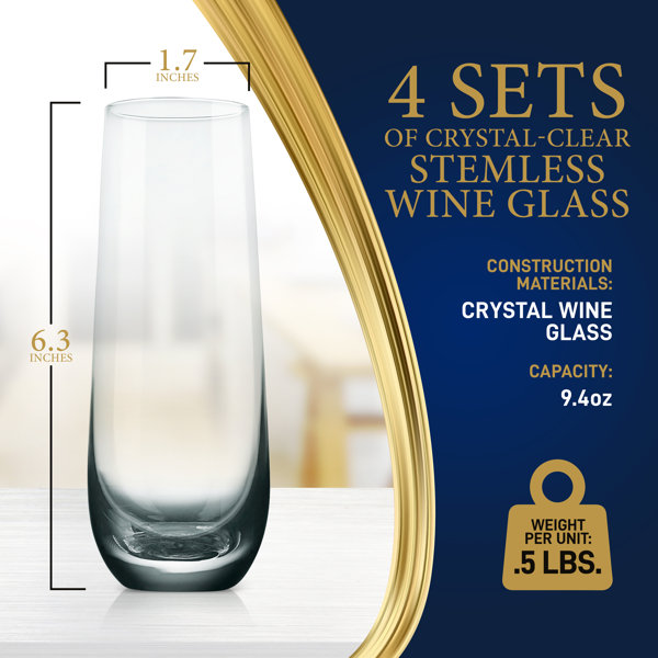 Nutrichef 15 oz. Crystal-Clear Stemless Wine Glass Set (Set of 12)