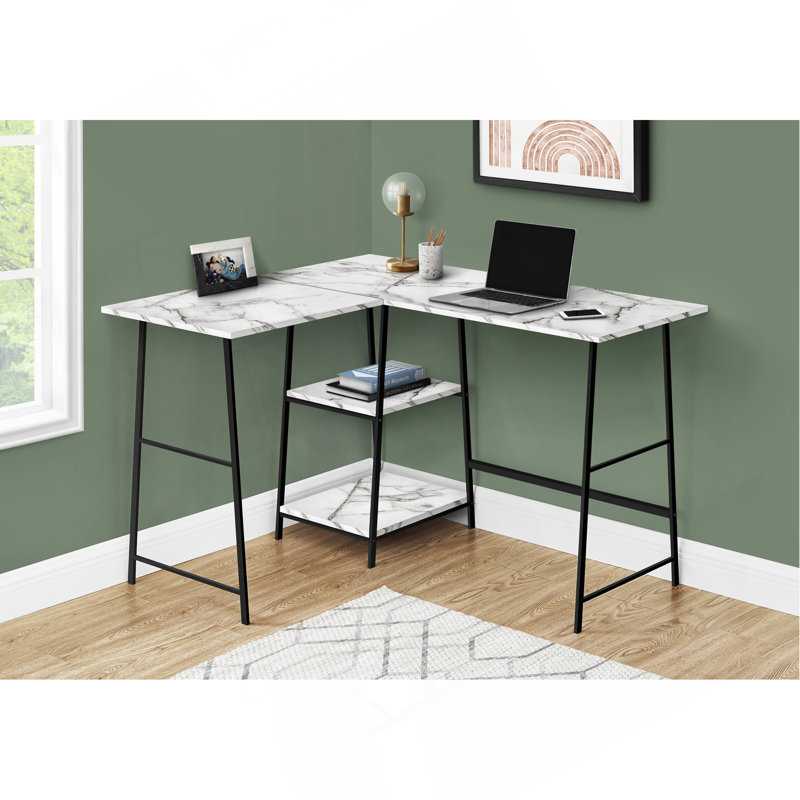 Computer Desk, Home Office, Corner, Storage Shelves, L Shape, Work, Laptop, Metal, White Marble/Black