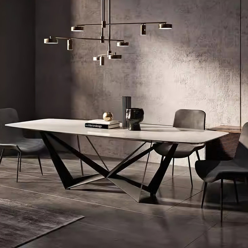 Grande table de salle à manger rectangulaire de 70,9 po Hugette pour 6 à 8 personnes, table de salle à manger en pierre frittée moderne avec base en acier inoxydable noir, table de salle à manger pour la maison de salon (table seulement)