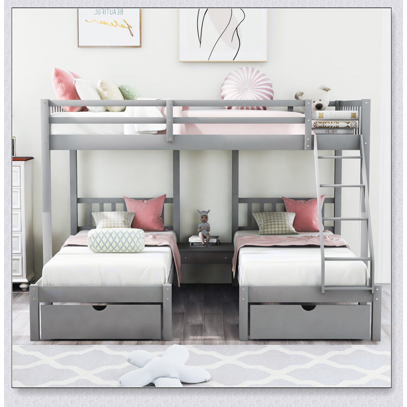 Lit superposé triple en bois avec tiroirs de rangement - Double au-dessus de simple et simple - Barrières de sécurité, sans sommier, design multifonctionnel