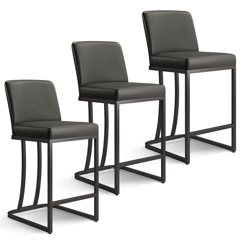 Romilio 24″ Upholstered Gray Counter Stool with Faux Leather for Kitchen & Dining (Set of 3), Black, Gray