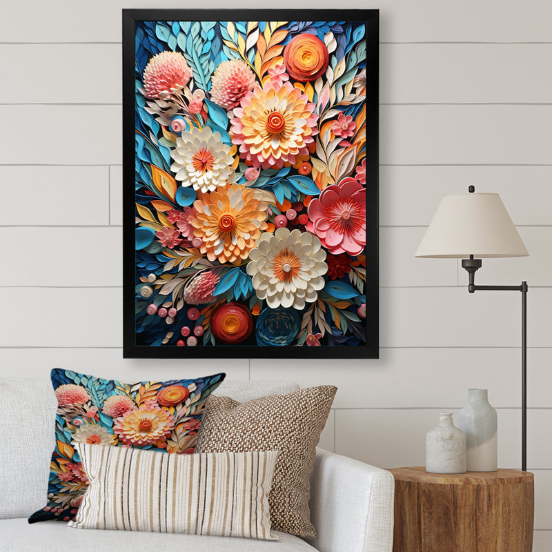 Rose et bleu abstrait botanique sur toile, H 40 po x l 30 po x P 1,5 po, Cadre simple noir