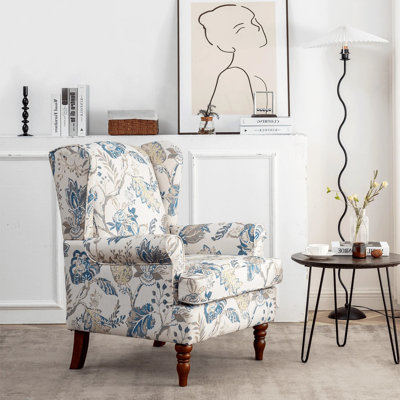 Fauteuil à oreilles, petites fauteuils de chambre à coucher, fauteuil d'appoint rétro rembourré en tissu doux, fauteuil de détente rétro Vantage pour salon - structure en bois massif - bleu floral
