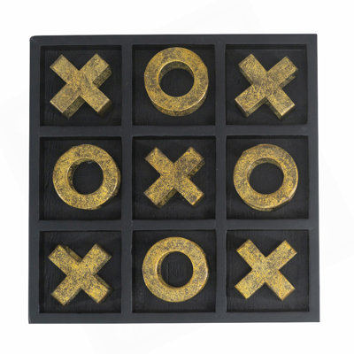 Ensemble de jeu de tic-tac-toe en bois noir 9,8 x 9,8 x 1,2 po avec pièces en fer doré