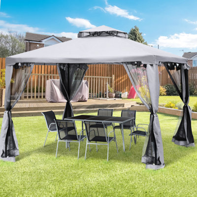 9.6' X Gazebo, 2 Roof Outdoor Canopy With Netting, Steel Frame For Garden Lawn Backyard Deck, Protection, Rain Resistance, Gray