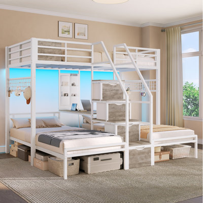 Triple Bunk Bed with Desk & 4 Drawers, Twin over Twin over Twin Loft Bed with Charging Station & LED Lights for Kids, Teens, Safety Guardrail, White