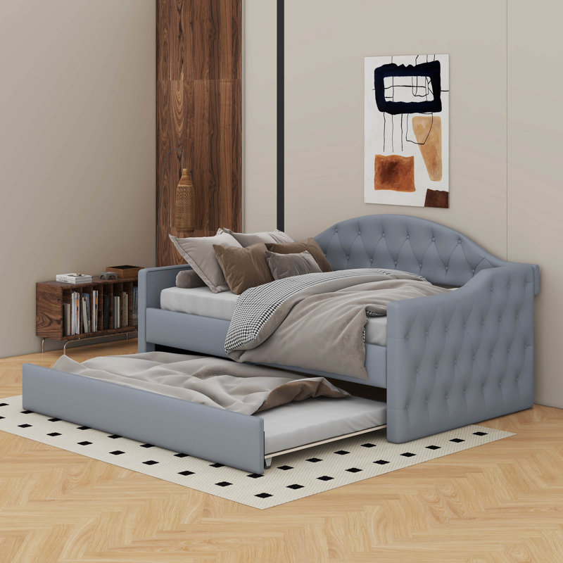 Twin Tufted Velvet Upholstered Daybed With Trundle, Gray