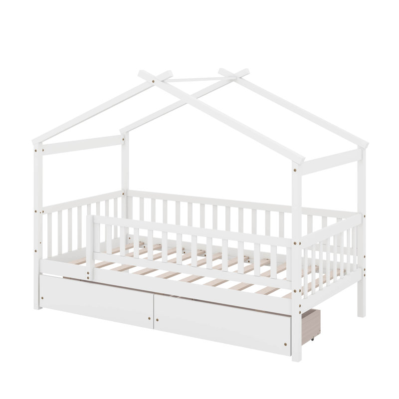 Lit double en bois avec tiroirs, Blanc