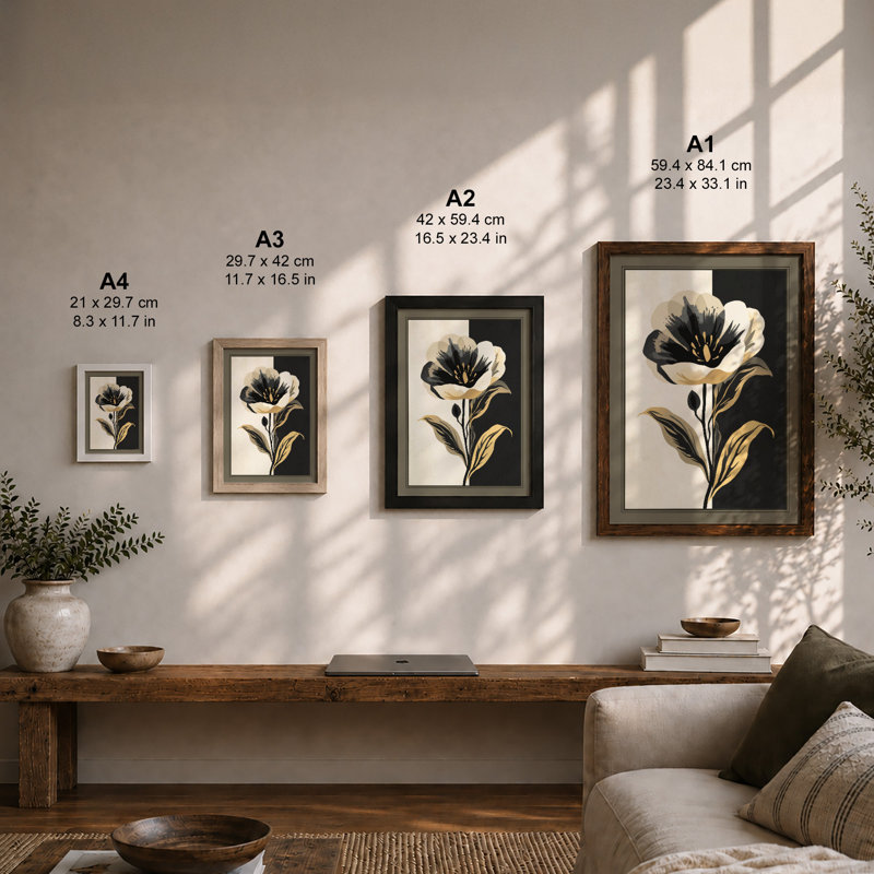 Striped Tulip Study Botanical - Framed Print, A2 - 59.4 x 42.0 cm, Black