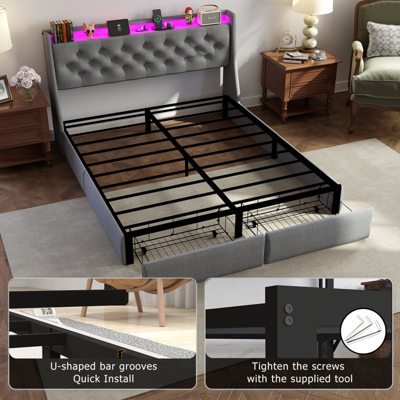 Lorisa Upholstered Bed Frame with  2 Drawers, Bed Frame with Storage Headboard, Charging Station and LED Lights, Full