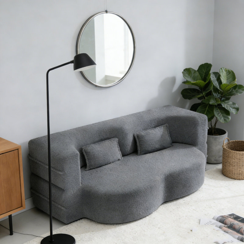 Modern Floor Sofa with 2 Pillows, Corduroy, LIGHT GREY