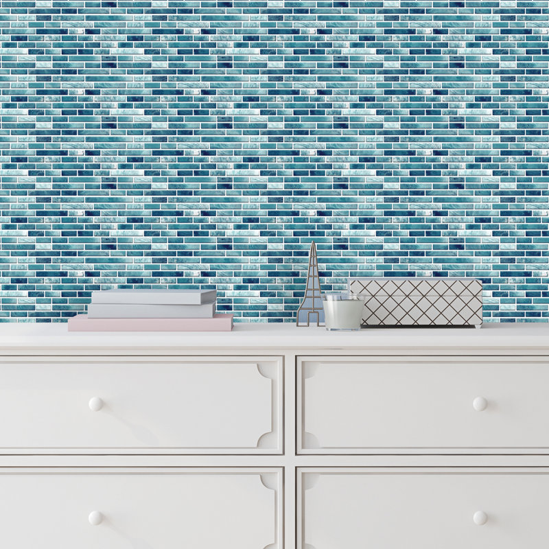 Self Adhesive Light Marble Long Mosaic Wall Tile Sticker 14cm x 28.5cm, Turquoise/White
