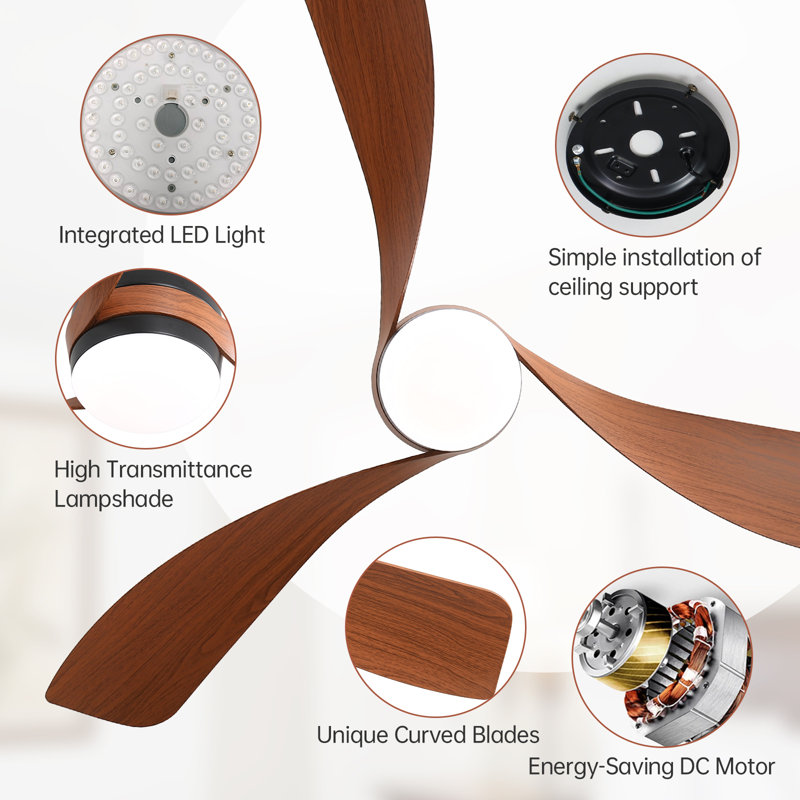 Ventilateur de plafond à fixation rapide 52 pouces avec 1 lumière Sofucor, 1 lumière DEL à intensité variable de 18 W avec fonction mémoire, moteur à courant continu, réglage de la minuterie 1/4 H