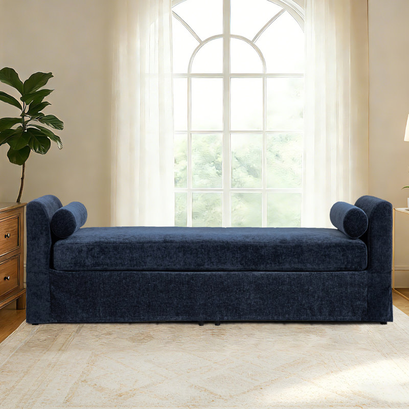 CHIRA  Oversized Bed Ottoman, Blue Chenille Upholstered Extra Long Bench with Arms, Blue