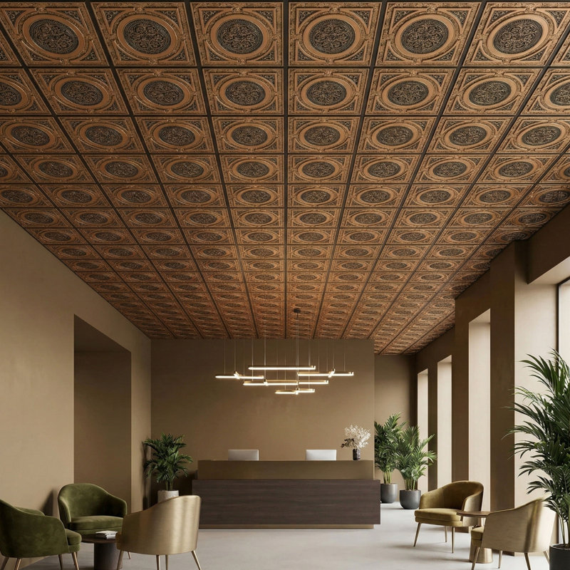 Carreau de plafond en PVC encastré ou collé Steampunk, L 24 po x l 24 po, Cuivre antique