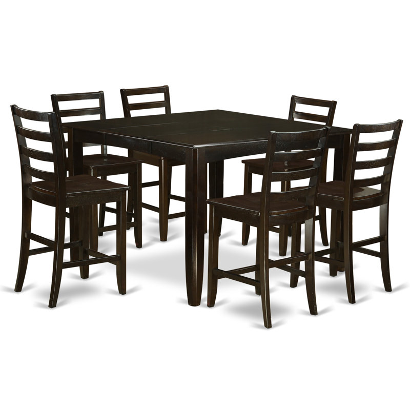 7 Piece Kitchen Counter Set Consist of a Square Dining Table with Pedestal and 6 Dining Room Chairs, Cappuccino