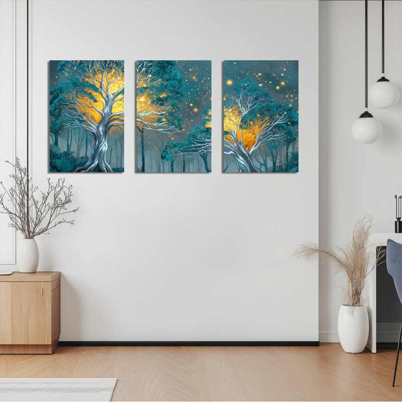 Ensemble de 3 tableaux sur toile « Forêt d'arbres fantastiques illuminée », 1218