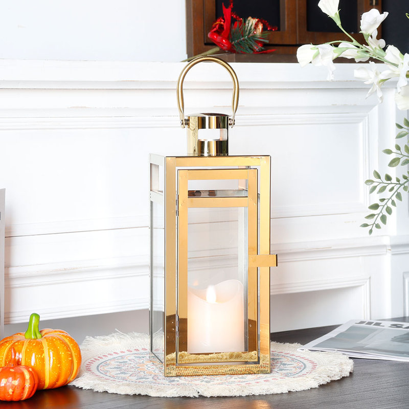 Metal Candle Lantern 12'' High Decorative Outdoor Lantern, Gold