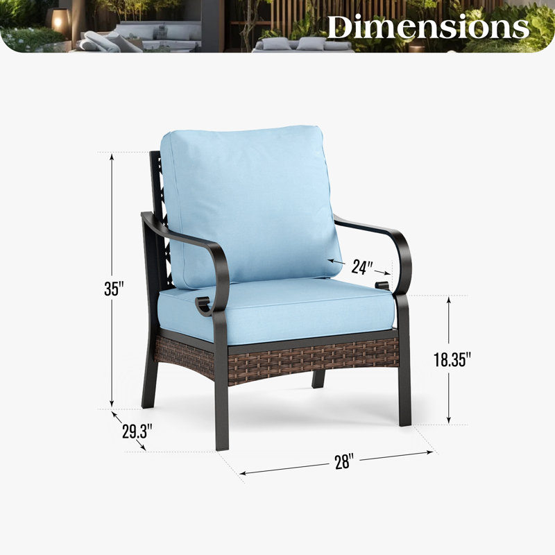 Hepatique Metal Outdoor Lounge Chair & Wicker Decor, Blue Cushion/Black Frame