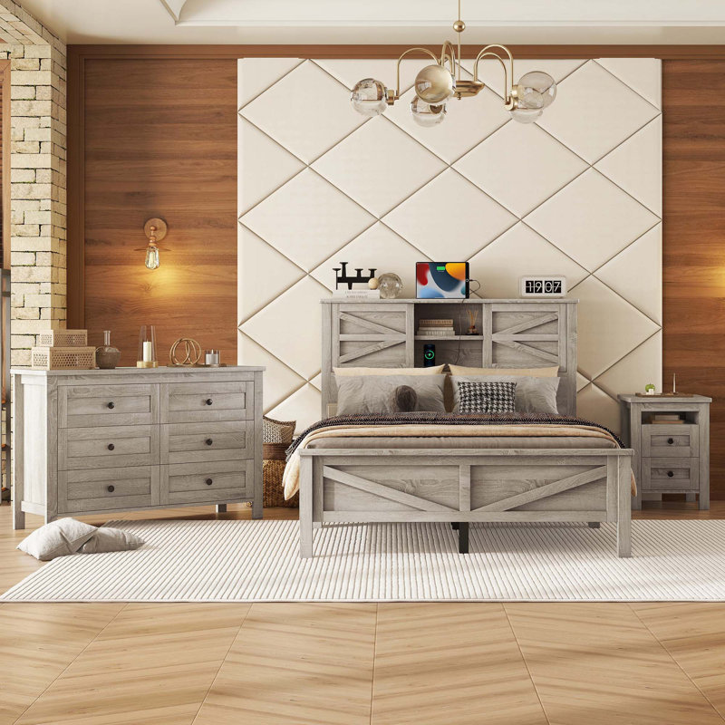 Ensemble de chambre à coucher 3 pièces avec lit plateforme Farmhouse, Gris antique, Lit double