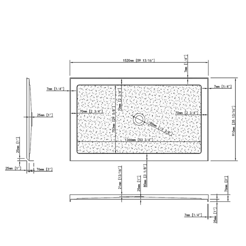 60" x 36" Acrylic Heavy-Duty Shower Base, Reinforced Multi-Layer Construction, Low Threshold, Slip-Resistant Texture, Center Drain, Integrated Tile Flange, 12 PVC Support Rings